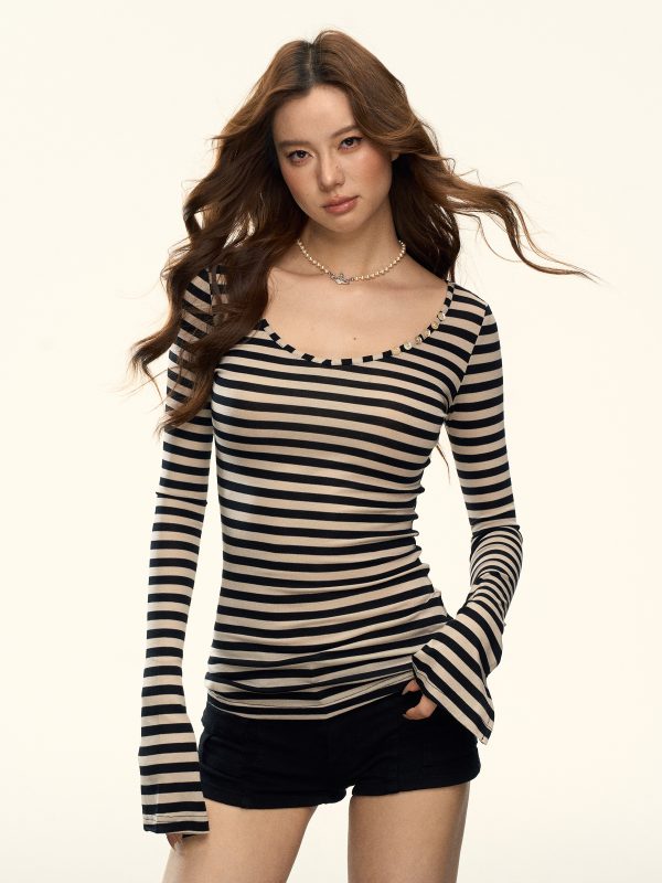 American Retro Striped Long Sleeve T-Shirt for Women - Spring Spicy Girl Slim Fit Base Layer Top, Y2K Inspired Fashion