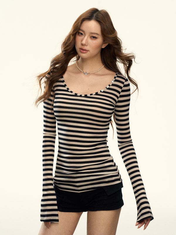 American Retro Striped Long Sleeve T-Shirt for Women - Spring Spicy Girl Slim Fit Base Layer Top, Y2K Inspired Fashion