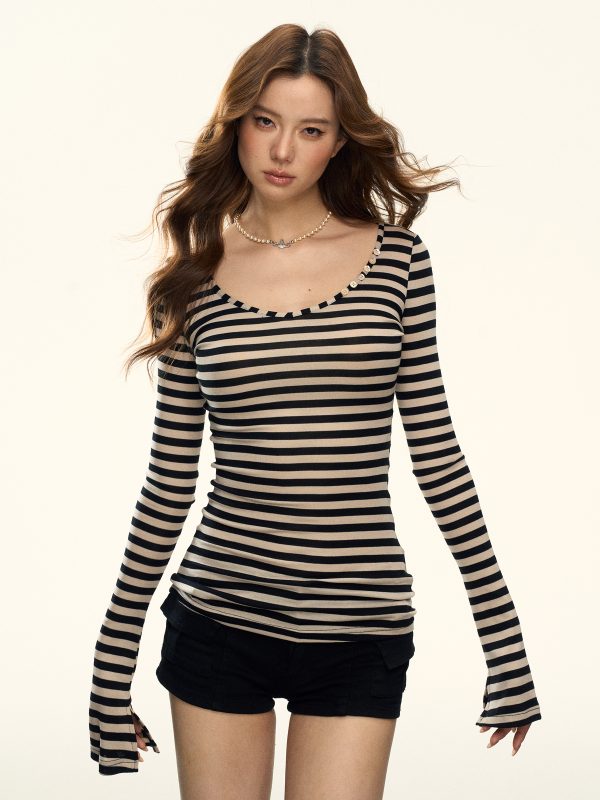 American Retro Striped Long Sleeve T-Shirt for Women - Spring Spicy Girl Slim Fit Base Layer Top, Y2K Inspired Fashion