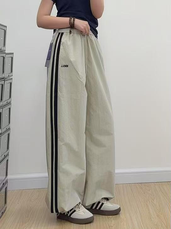 American Retro Striped Loose Work Pants for Women, High Street Casual Straight-Leg Cargo Trousers
