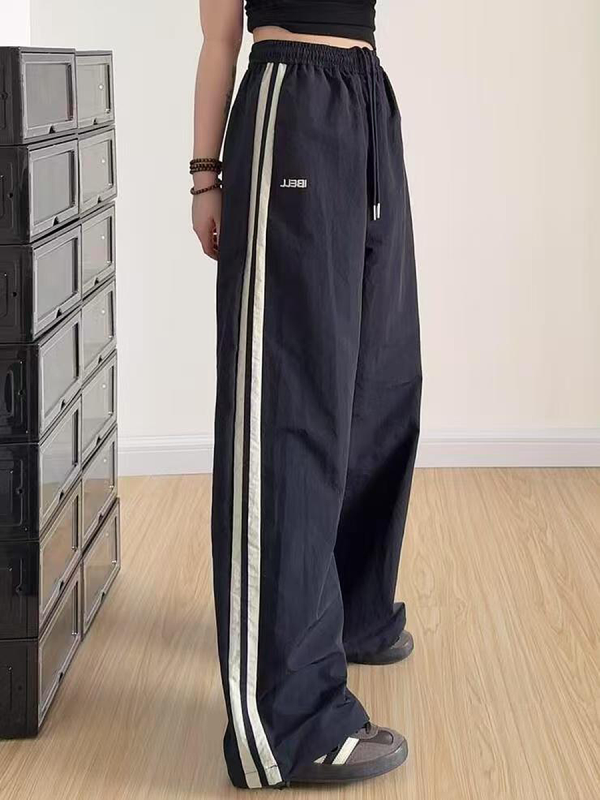 American Retro Striped Loose Work Pants for Women, High Street Casual Straight-Leg Cargo Trousers