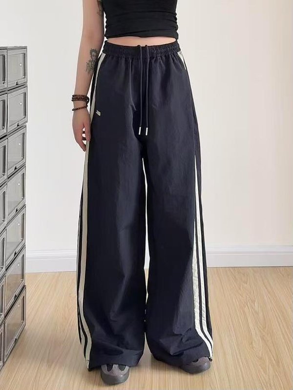 American Retro Striped Loose Work Pants for Women, High Street Casual Straight-Leg Cargo Trousers