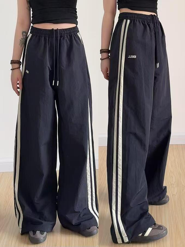 American Retro Striped Loose Work Pants for Women, High Street Casual Straight-Leg Cargo Trousers