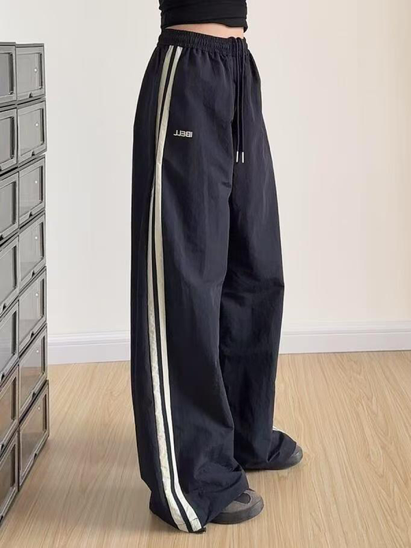 American Retro Striped Loose Work Pants for Women, High Street Casual Straight-Leg Cargo Trousers