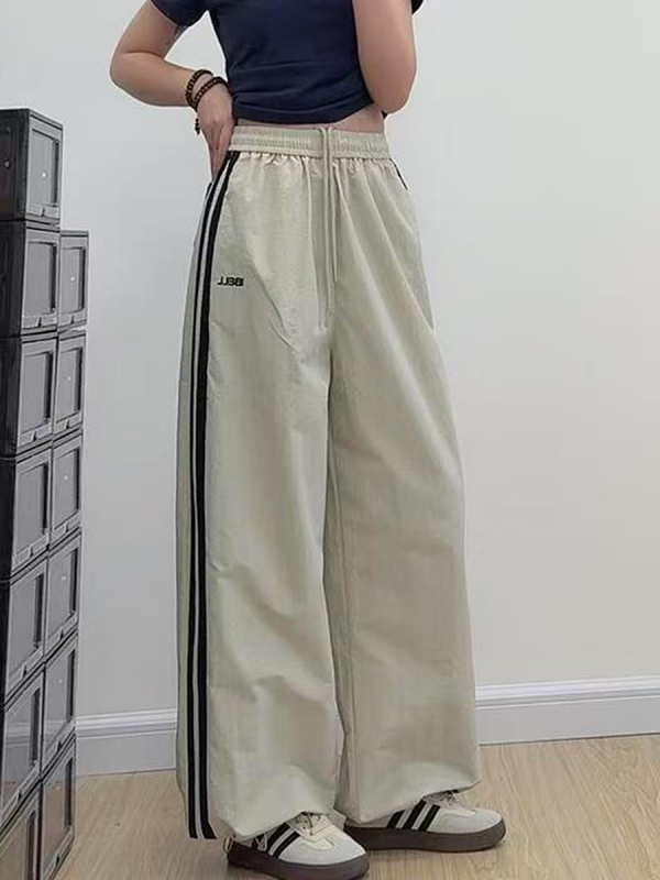 American Retro Striped Loose Work Pants for Women, High Street Casual Straight-Leg Cargo Trousers