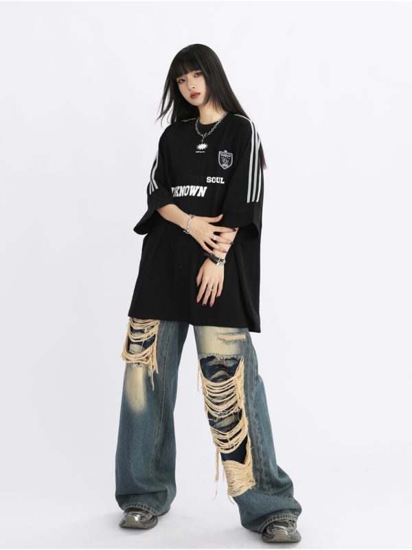 American Retro Striped Oversized Short-Sleeve T-Shirt for Women - Summer Trendy Couple Top, 90s Style, Casual Streetwear
