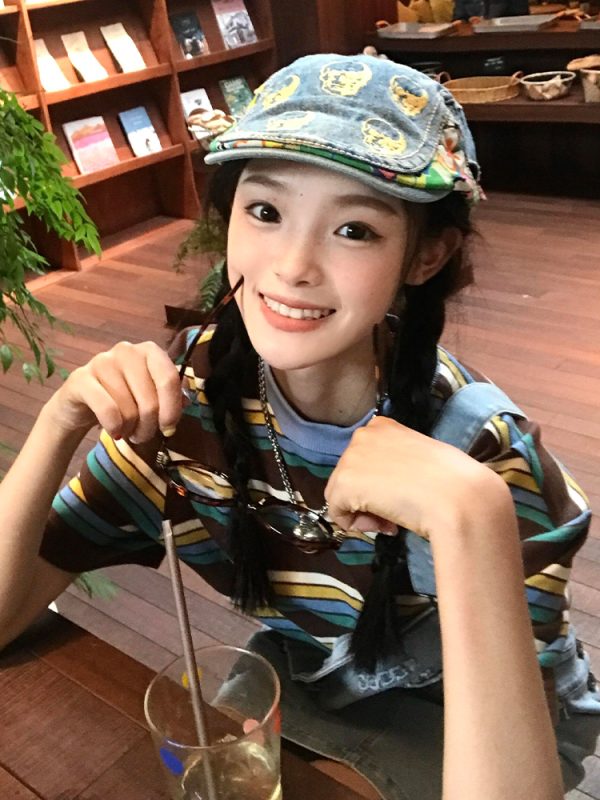 American Retro Striped Short Sleeve Casual Color-Blocking T-Shirt for Women - Summer Loose Fit College Style Top