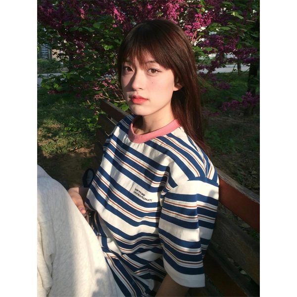 American Retro Striped Short Sleeve Casual Color-Blocking T-Shirt for Women - Summer Loose Fit College Style Top