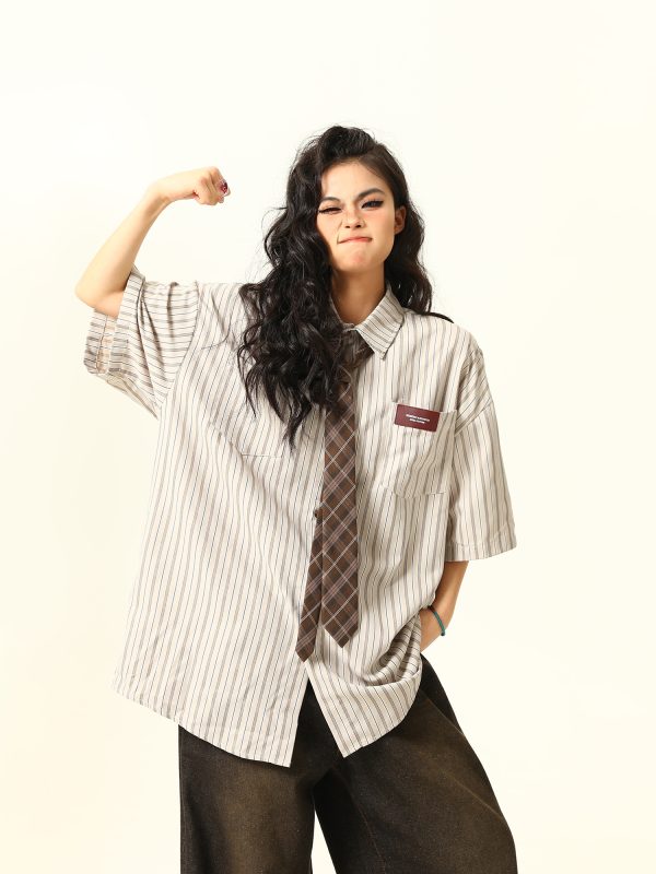 American Retro Striped Short Sleeve Shirt for Women - Versatile Loose Fit Summer Fashion Trend
