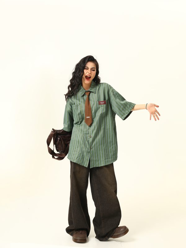 American Retro Striped Short Sleeve Shirt for Women - Versatile Loose Fit Summer Fashion Trend