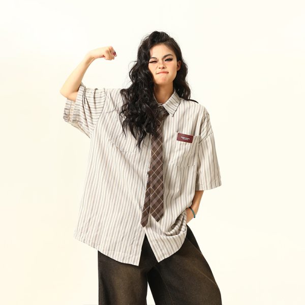 American Retro Striped Short Sleeve Shirt for Women - Versatile Loose Fit Summer Fashion Trend