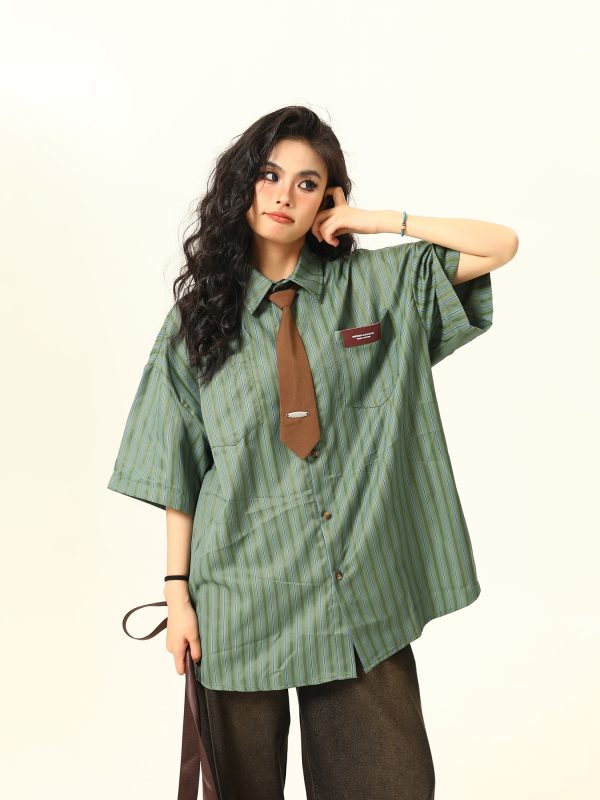 American Retro Striped Short Sleeve Shirt for Women - Versatile Loose Fit Summer Fashion Trend
