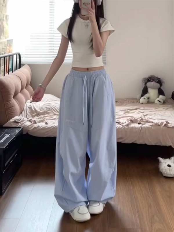 American Retro Striped Work Pants for Women - Summer Loose Hip-Hop Style Draped Straight Casual Sports Pants