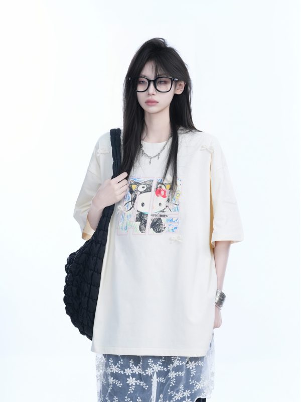American Retro Style Black Short-Sleeve T-Shirt for Women with Kitty Cat Graffiti, Loose Round Neck, Y2K Vibe, Casual Fashion Top