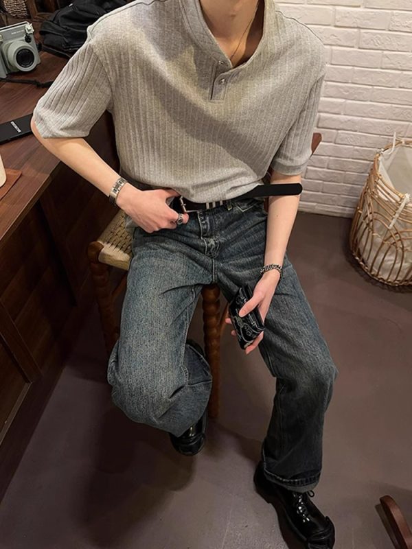 American Retro Textured Henley Short-Sleeve T-Shirt for Men and Women - Trendy Loose Fit Summer Top
