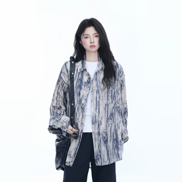 American Retro Tie-Dye Long Sleeve Shirt for Women - Summer Loose Lightweight Water Wave Pattern Sun Protection Top