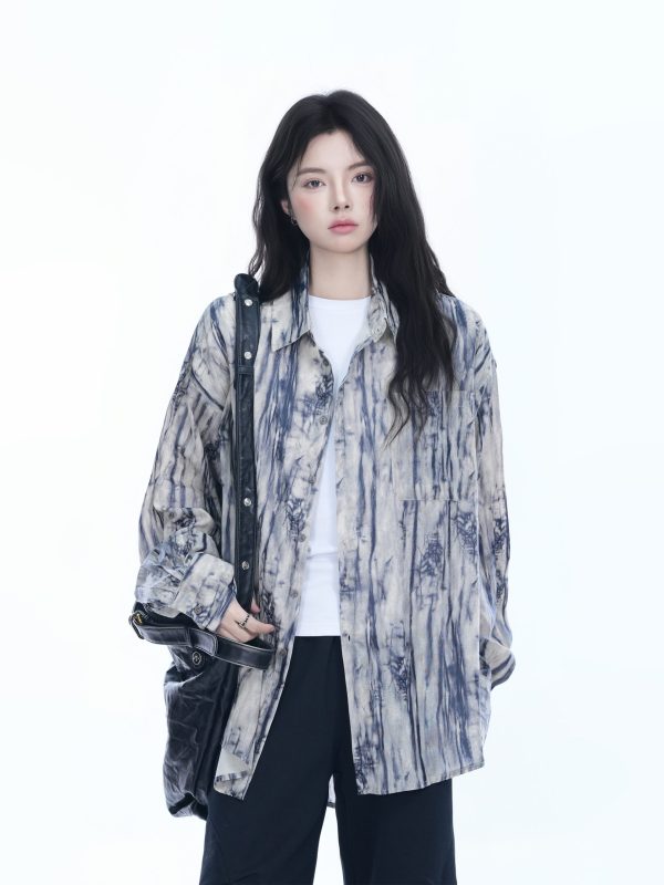 American Retro Tie-Dye Long Sleeve Shirt for Women - Summer Loose Lightweight Water Wave Pattern Sun Protection Top