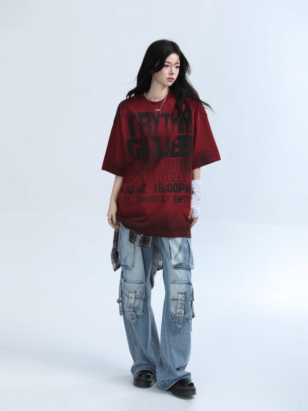 American Retro Tie-Dye Red Short Sleeve T-Shirt for Women - Heavy-Duty Loose Fit Summer Tee with Mountain Graphic Design