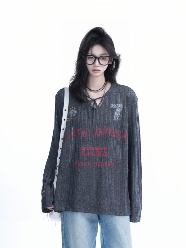 American Retro U-Neck Tie Long Sleeve T-Shirt for Women, Slightly Sheer Loose Fit, Vintage-Inspired Cover-Up Top