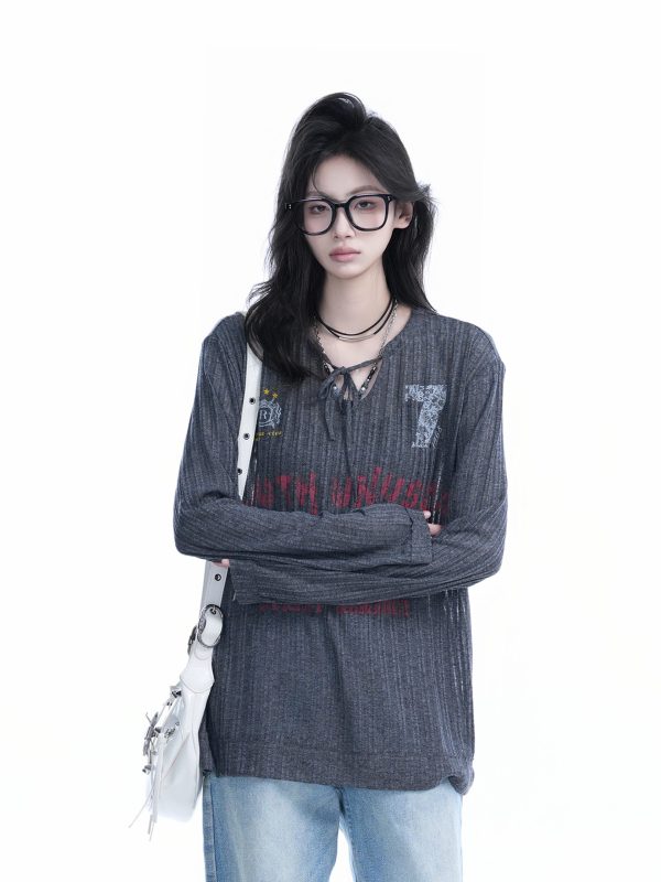 American Retro U-Neck Tie Long Sleeve T-Shirt for Women, Slightly Sheer Loose Fit, Vintage-Inspired Cover-Up Top