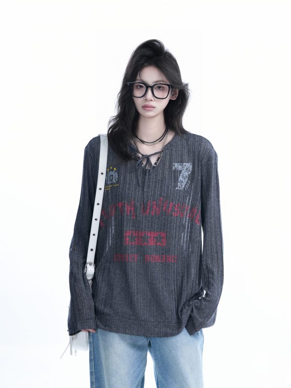 American Retro U-Neck Tie Long Sleeve T-Shirt for Women, Slightly Sheer Loose Fit, Vintage-Inspired Cover-Up Top