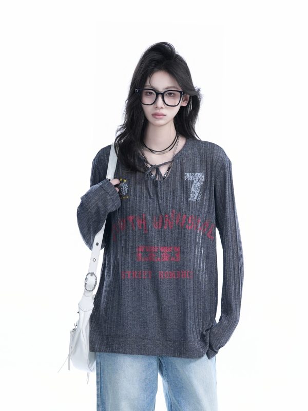 American Retro U-Neck Tie Long Sleeve T-Shirt for Women, Slightly Sheer Loose Fit, Vintage-Inspired Cover-Up Top