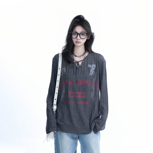 American Retro U-Neck Tie Long Sleeve T-Shirt for Women, Slightly Sheer Loose Fit, Vintage-Inspired Cover-Up Top