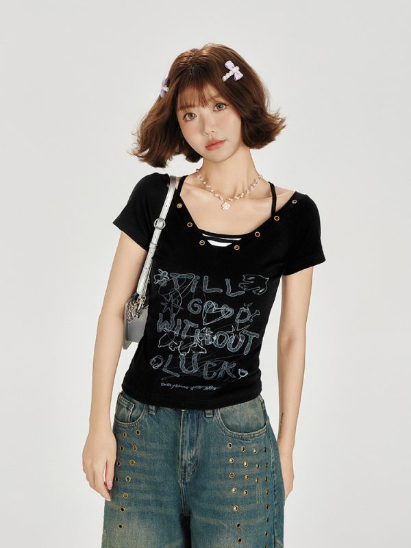 American Retro V-Neck Short Sleeve T-Shirt for Women - Summer Slim Fit Top, Millennial Style, Y2K Fashion