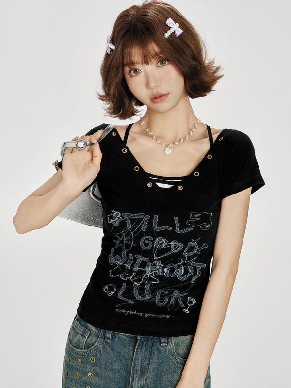 American Retro V-Neck Short Sleeve T-Shirt for Women - Summer Slim Fit Top, Millennial Style, Y2K Fashion