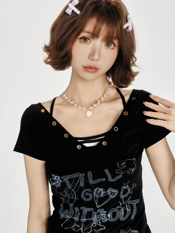 American Retro V-Neck Short Sleeve T-Shirt for Women - Summer Slim Fit Top, Millennial Style, Y2K Fashion