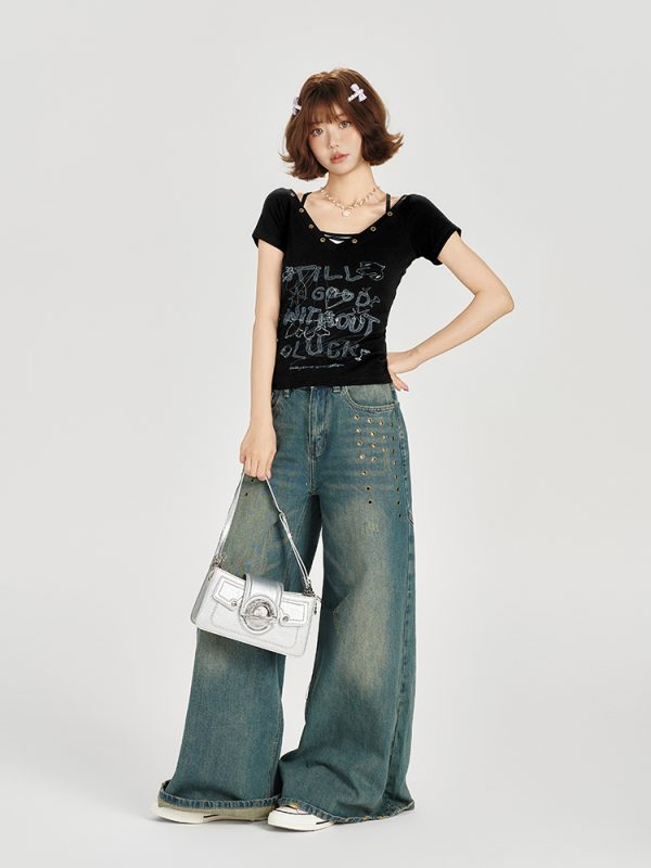 American Retro V-Neck Short Sleeve T-Shirt for Women - Summer Slim Fit Top, Millennial Style, Y2K Fashion