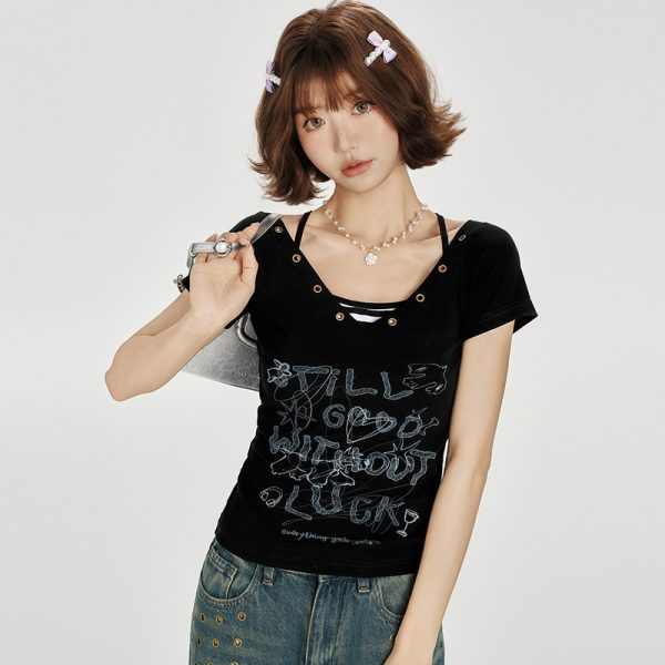 American Retro V-Neck Short Sleeve T-Shirt for Women - Summer Slim Fit Top, Millennial Style, Y2K Fashion