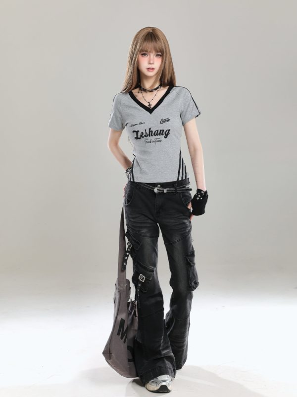 American Retro V-Neck Short Sleeve T-Shirt for Women - Summer Slim Fit Top, Unique Design, Trendy Spicy Girl Style