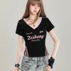 American Retro V-Neck Short Sleeve T-Shirt for Women - Summer Slim Fit Top, Unique Design, Trendy Spicy Girl Style