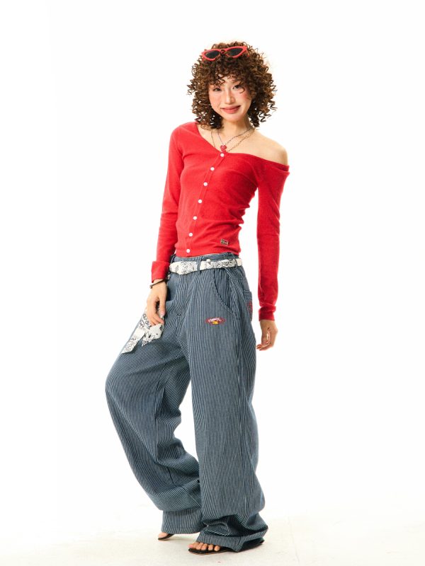 American Retro Vertical Striped Loose Wide-Leg Pants for Women - Versatile Casual Style Inspired by Y2K Fashion