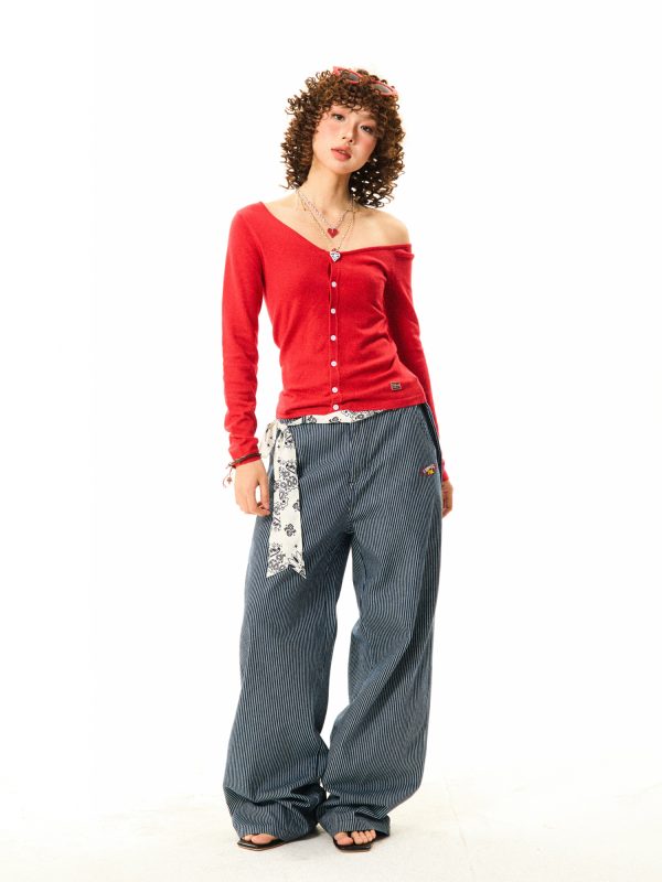 American Retro Vertical Striped Loose Wide-Leg Pants for Women - Versatile Casual Style Inspired by Y2K Fashion