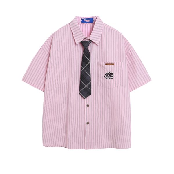 American Retro Vertical Striped Short-Sleeve Shirt for Women with Embroidered Letters - Artistic College Style Top