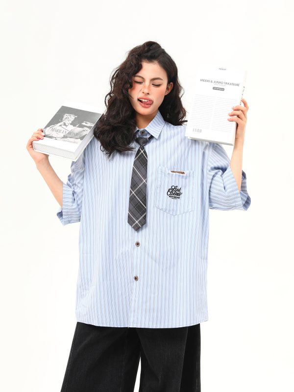 American Retro Vertical Striped Short-Sleeve Shirt for Women with Embroidered Letters - Artistic College Style Top