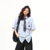 American Retro Vertical Striped Short-Sleeve Shirt for Women with Embroidered Letters - Artistic College Style Top