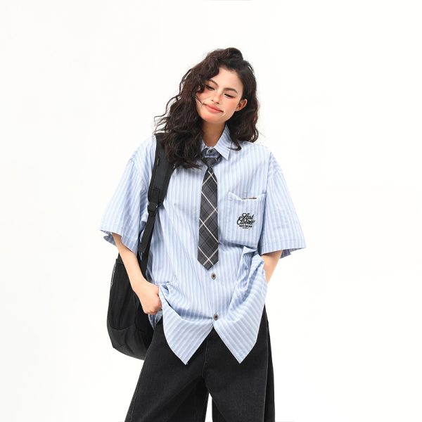 American Retro Vertical Striped Short-Sleeve Shirt for Women with Embroidered Letters - Artistic College Style Top