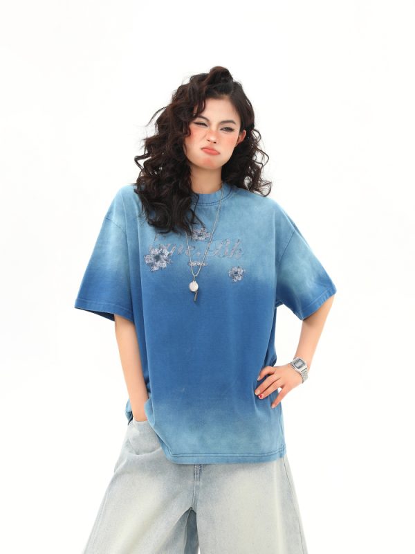 American Retro Washed Gradient Heavyweight Short-Sleeve T-Shirt for Women - Summer Versatile Loose Fit Top, Y2K Style