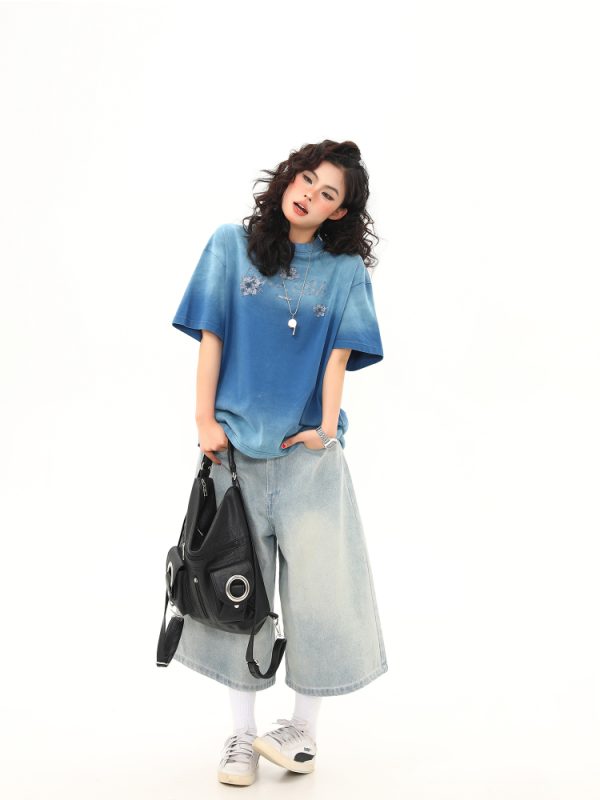 American Retro Washed Gradient Heavyweight Short-Sleeve T-Shirt for Women - Summer Versatile Loose Fit Top, Y2K Style