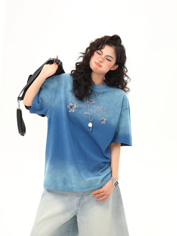 American Retro Washed Gradient Heavyweight Short-Sleeve T-Shirt for Women - Summer Versatile Loose Fit Top, Y2K Style