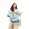 American Retro Washed Gradient Letter Denim Short-Sleeve T-Shirt for Women - College Style Loose Versatile Top