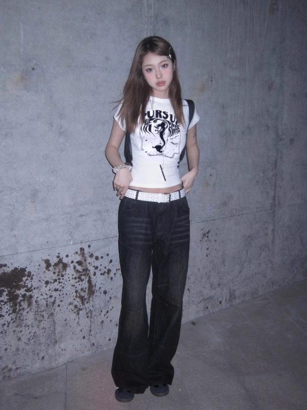 American Retro White Fitted T-Shirt for Women, Sexy Slim Fit Short Sleeve Top, Summer Street Style
