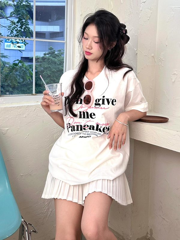 American Retro Women's Summer Short Sleeve Letter Print Heavyweight Cotton T-Shirt - White Loose Fit Casual Top
