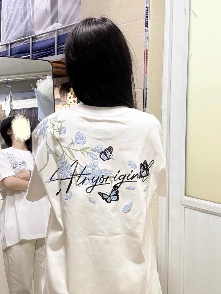 American Style Embroidery Orchid Butterfly Short Sleeve T-Shirt for Women - Summer 2025 High-End Fresh Top