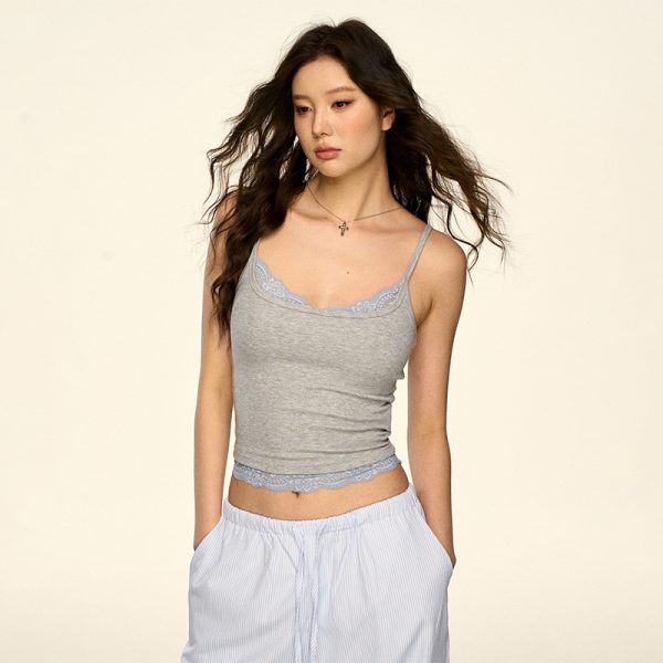 American-Style Faux Two-Piece Lace Layered Tank Top for Women - Summer Slimming Camisole, Versatile Outerwear & Inner Wear
