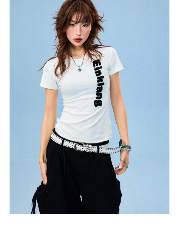 American-Style Flocked Embroidered Spicy Girl Short Sleeve Cropped T-Shirt for Women - Summer Slim Fit Casual Top