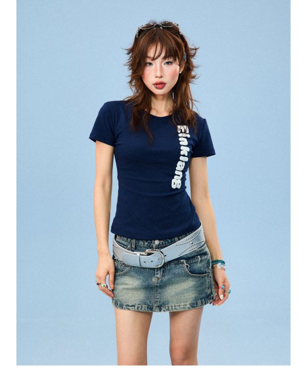 American-Style Flocked Embroidered Spicy Girl Short Sleeve Cropped T-Shirt for Women - Summer Slim Fit Casual Top